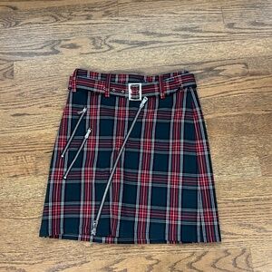 Bebe Plaid Mini Skirt Steampunk Zipper Front Belted SZ 4
